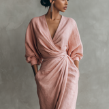 Vestido Maxi Minimalista Rosa con escote en V de lino mezclado para Mujer