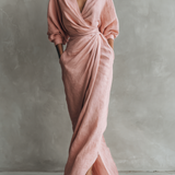 Vestido Maxi Minimalista Rosa con escote en V de lino mezclado para Mujer