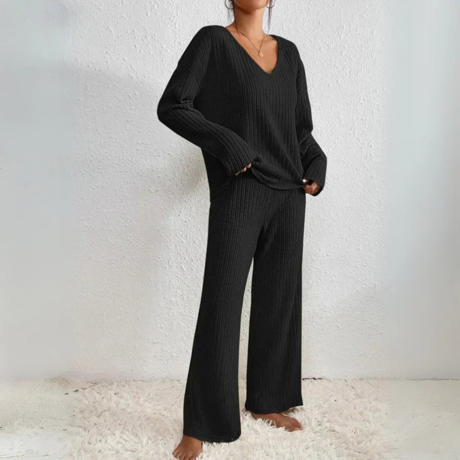 Zavelli | Conjunto completo de dos piezas con pantalones y top con escote en V