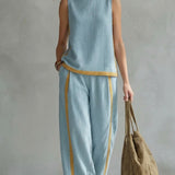 Leila - Conjunto elegante y casual de chaleco y pantalones de algodón y lino gris con bordes en dos tonalidades.