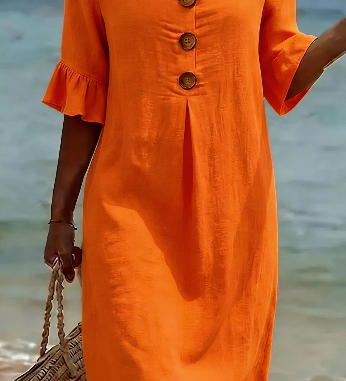 Elspeth | Vestido de mujer de algodón y lino con mangas abullonadas y botones