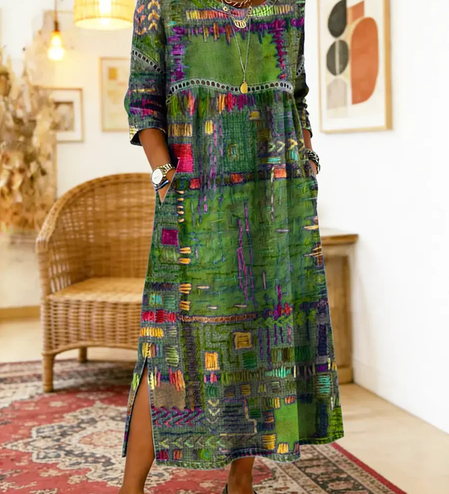Dionísia | Vestido Denim con Patchwork Étnico