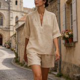 Clotilda | Conjunto de Top de Casual con Escote en V y Pantalones Cortos