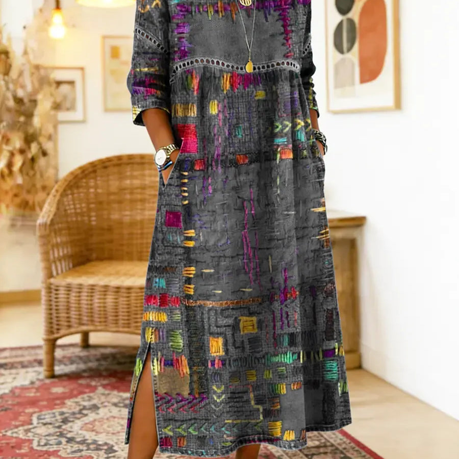Dionísia | Vestido Denim con Patchwork Étnico