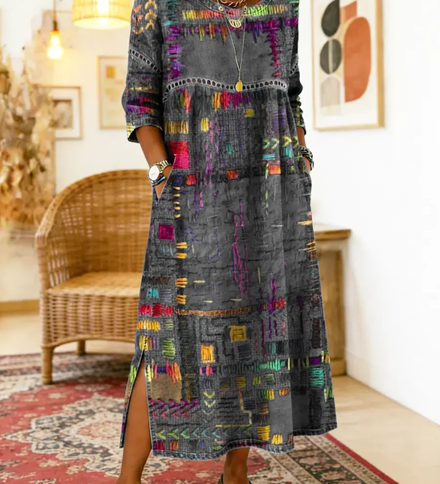 Dionísia | Vestido Denim con Patchwork Étnico