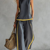 Leila - Conjunto elegante y casual de chaleco y pantalones de algodón y lino gris con bordes en dos tonalidades.
