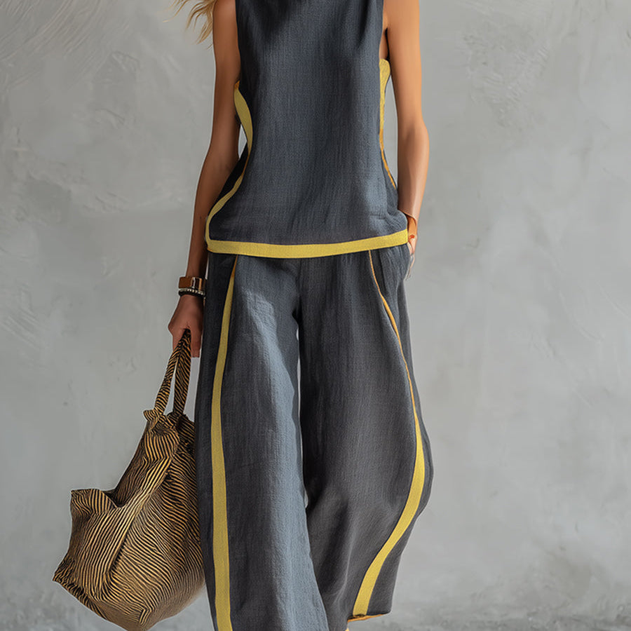 Leila - Conjunto elegante y casual de chaleco y pantalones de algodón y lino gris con bordes en dos tonalidades.
