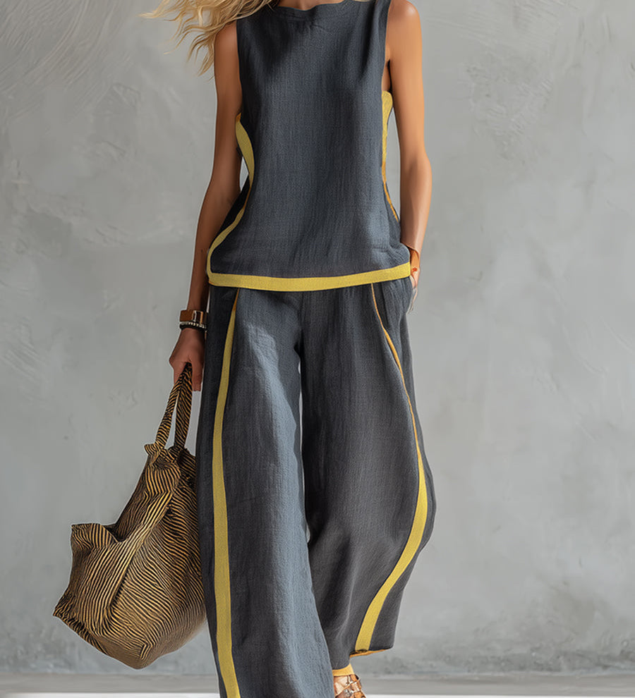 Leila - Conjunto elegante y casual de chaleco y pantalones de algodón y lino gris con bordes en dos tonalidades.