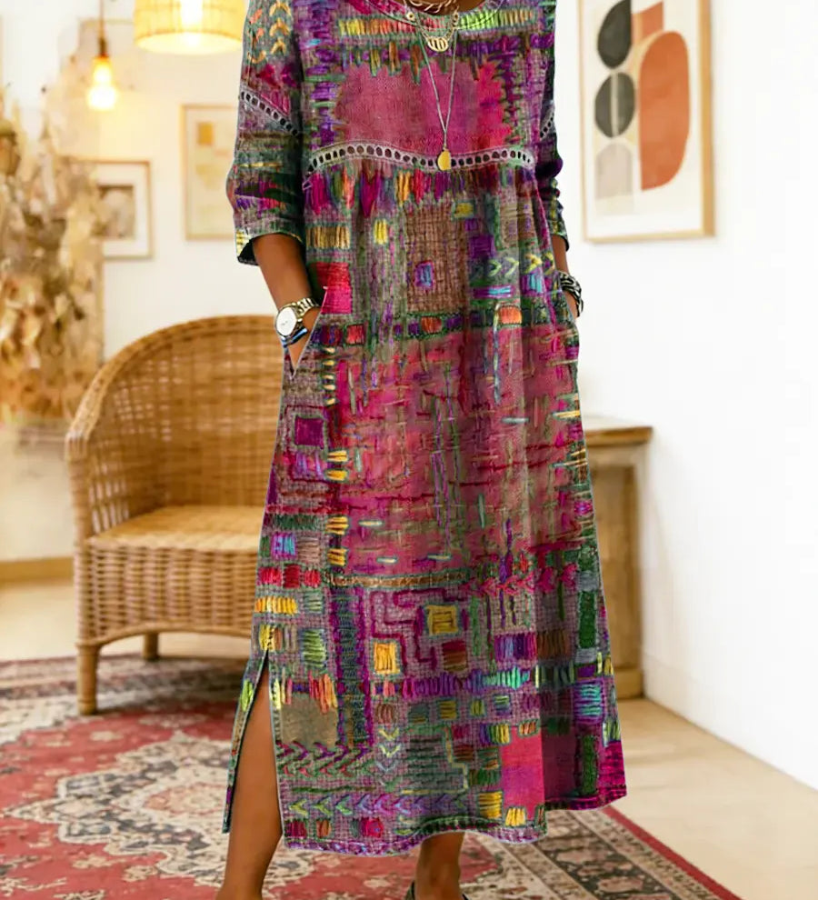 Dionísia | Vestido Denim con Patchwork Étnico