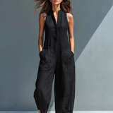 Ashla | Mono minimalista de lino para mujer, sin mangas, cuello alto y botones
