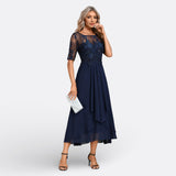 Cristela | Vestido Azul Marino con Encaje y Manga Corta