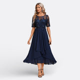 Cristela | Vestido Azul Marino con Encaje y Manga Corta