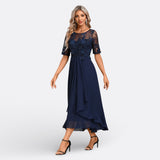 Cristela | Vestido Azul Marino con Encaje y Manga Corta