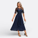 Cristela | Vestido Azul Marino con Encaje y Manga Corta