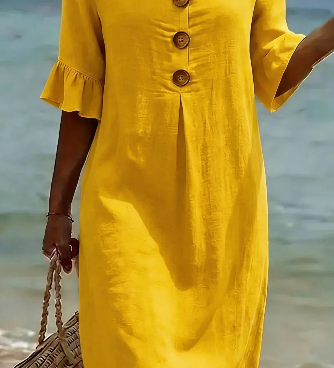 Vanesa | Vestido con textura de lino con manga abullonada y botones