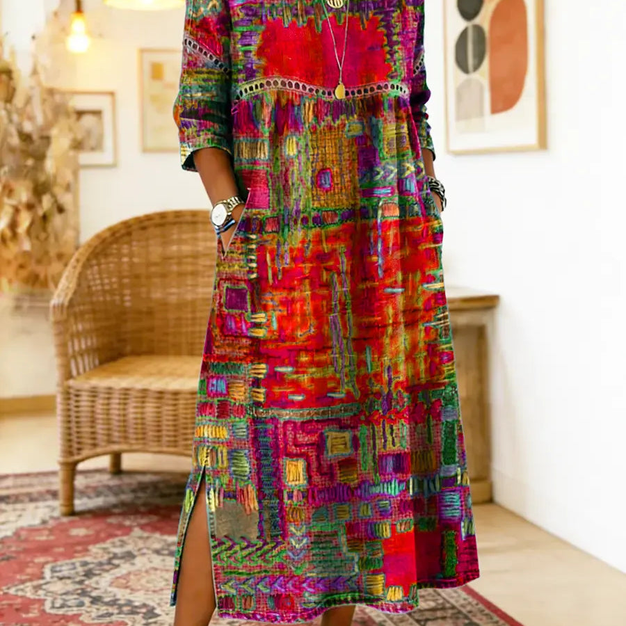 Dionísia | Vestido Denim con Patchwork Étnico