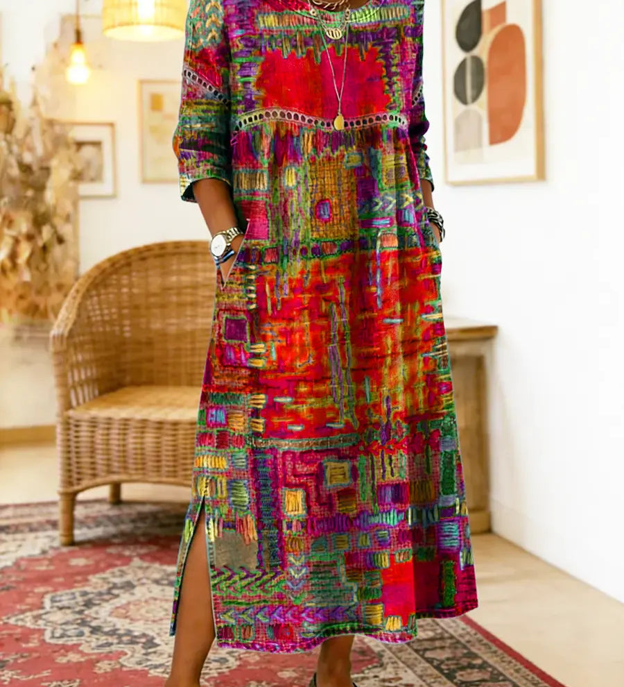 Dionísia | Vestido Denim con Patchwork Étnico