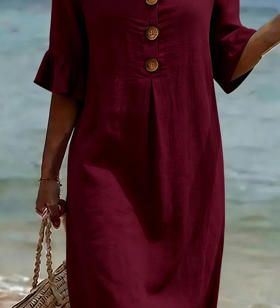 Elspeth | Vestido de mujer de algodón y lino con mangas abullonadas y botones
