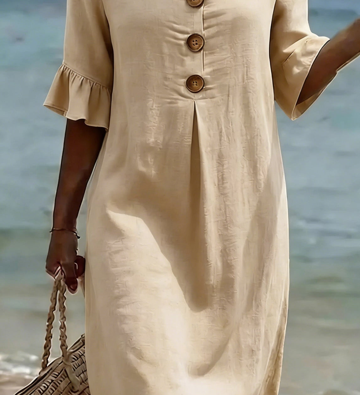 Elspeth | Vestido de mujer de algodón y lino con mangas abullonadas y botones