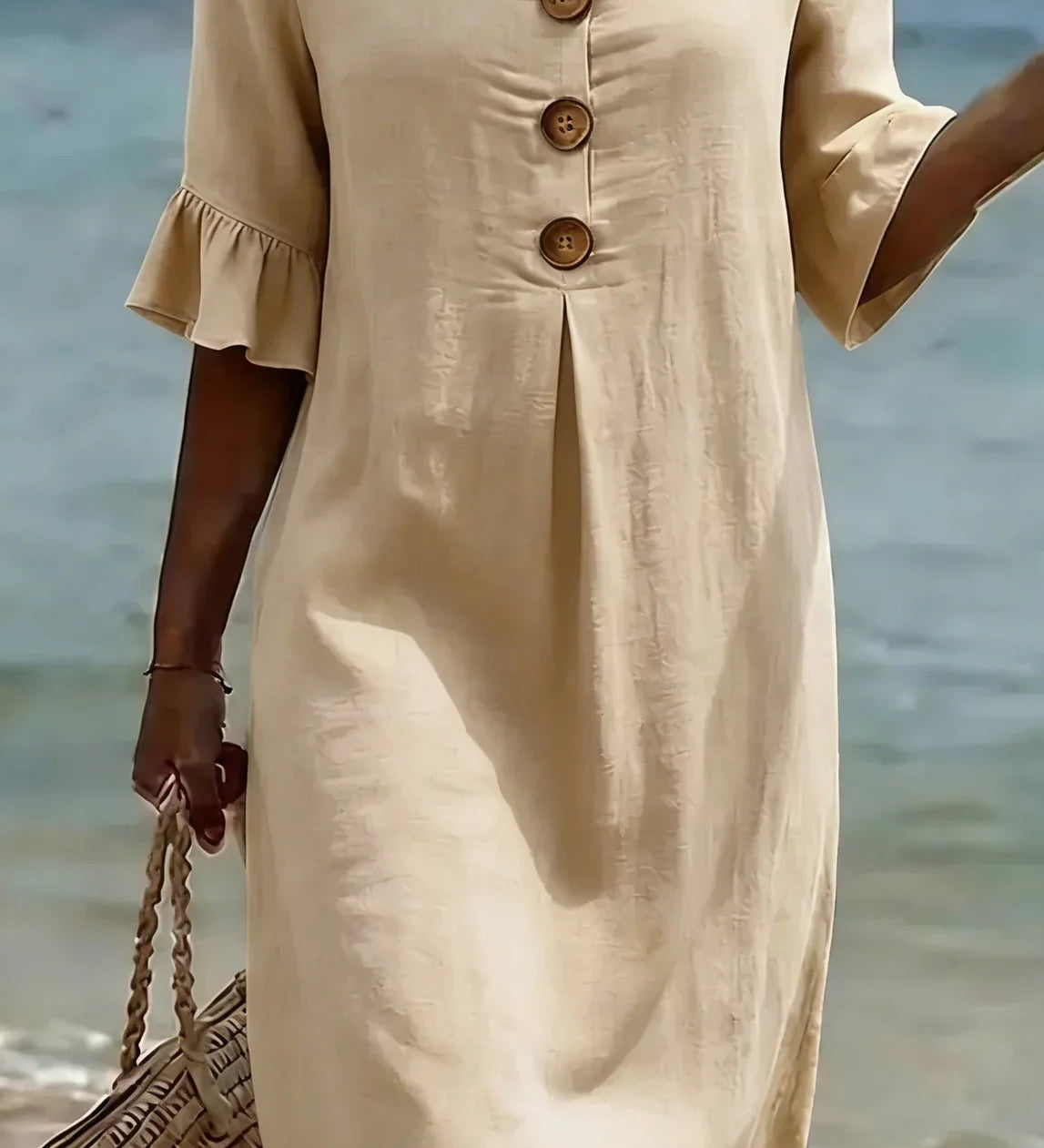 Vanesa | Vestido con textura de lino con manga abullonada y botones