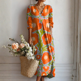 Jimena | Vestido Midi Boho de Lino Estampado Mujer Escote V