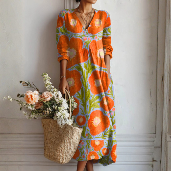Jimena | Vestido Midi Boho de Lino Estampado Mujer Escote V