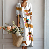 Jimena | Vestido Midi Boho de Lino Estampado Mujer Escote V