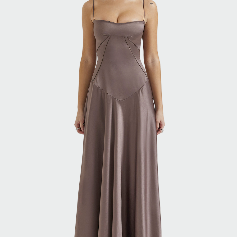 Vistzslava | Vestido maxi satinado elegante para mujer con finos tirantes