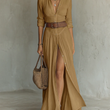 Robe Maxi Larga con Cuello Tipo Blazer y Mangas Largas de Lino para Mujer