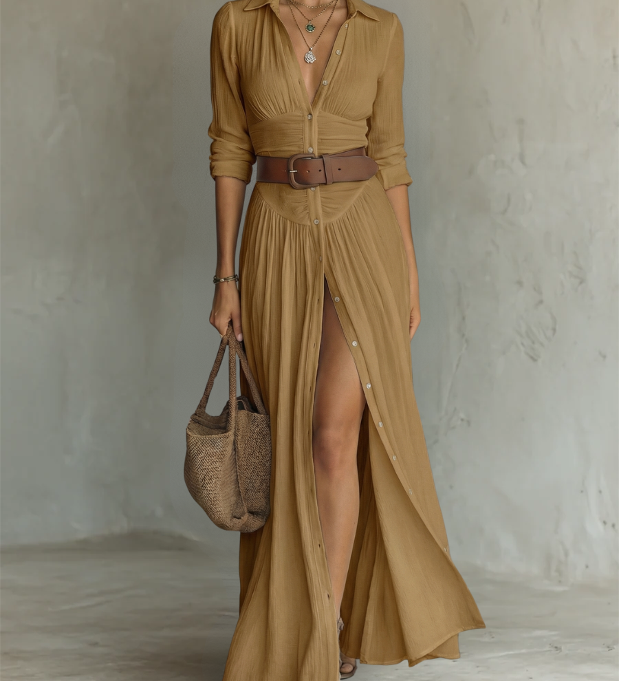 Robe Maxi Larga con Cuello Tipo Blazer y Mangas Largas de Lino para Mujer