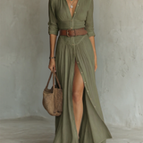 Robe Maxi Larga con Cuello Tipo Blazer y Mangas Largas de Lino para Mujer