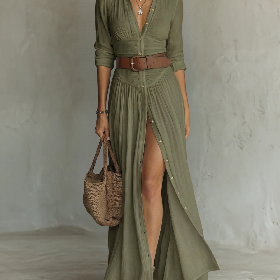Vivienne | Vestido maxi de lino con cuello tipo blazer y mangas largas