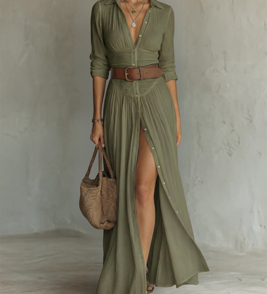 Robe Maxi Larga con Cuello Tipo Blazer y Mangas Largas de Lino para Mujer