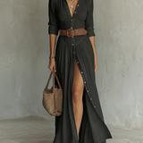 Robe Maxi Larga con Cuello Tipo Blazer y Mangas Largas de Lino para Mujer