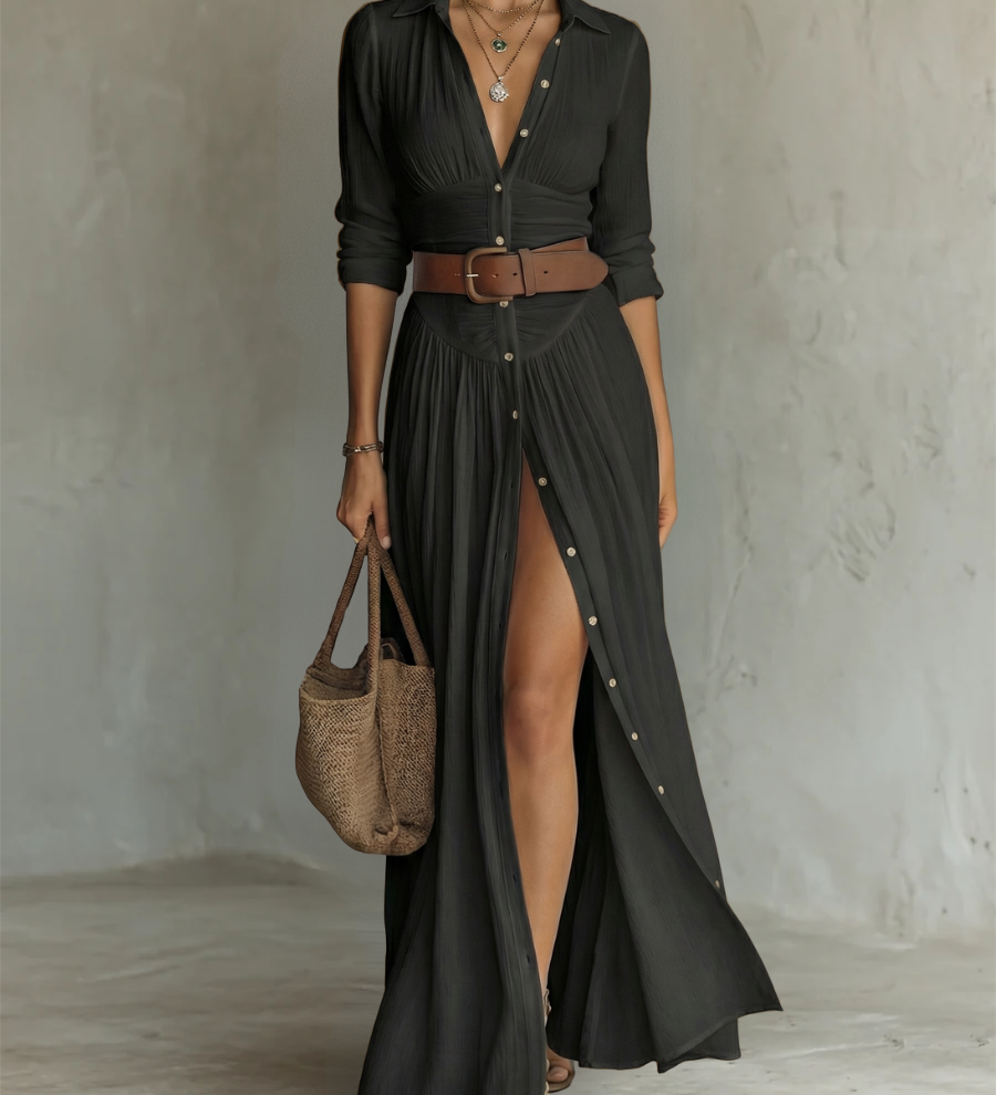 Robe Maxi Larga con Cuello Tipo Blazer y Mangas Largas de Lino para Mujer