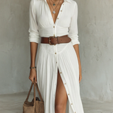 Robe Maxi Larga con Cuello Tipo Blazer y Mangas Largas de Lino para Mujer