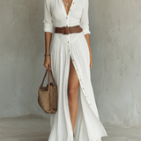 Robe Maxi Larga con Cuello Tipo Blazer y Mangas Largas de Lino para Mujer