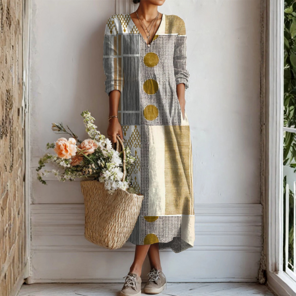 Jimena | Vestido Midi Boho de Lino Estampado Mujer Escote V