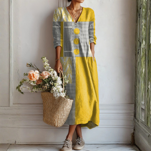Jimena | Vestido Midi Boho de Lino Estampado Mujer Escote V