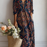Jimena | Vestido Midi Boho de Lino Estampado Mujer Escote V