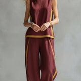 Leila - Conjunto elegante y casual de chaleco y pantalones de algodón y lino gris con bordes en dos tonalidades.