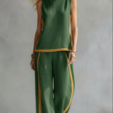 Leila - Conjunto elegante y casual de chaleco y pantalones de algodón y lino gris con bordes en dos tonalidades.