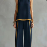 Leila - Conjunto elegante y casual de chaleco y pantalones de algodón y lino gris con bordes en dos tonalidades.