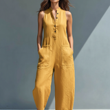 Ashla | Mono minimalista de lino para mujer, sin mangas, cuello alto y botones