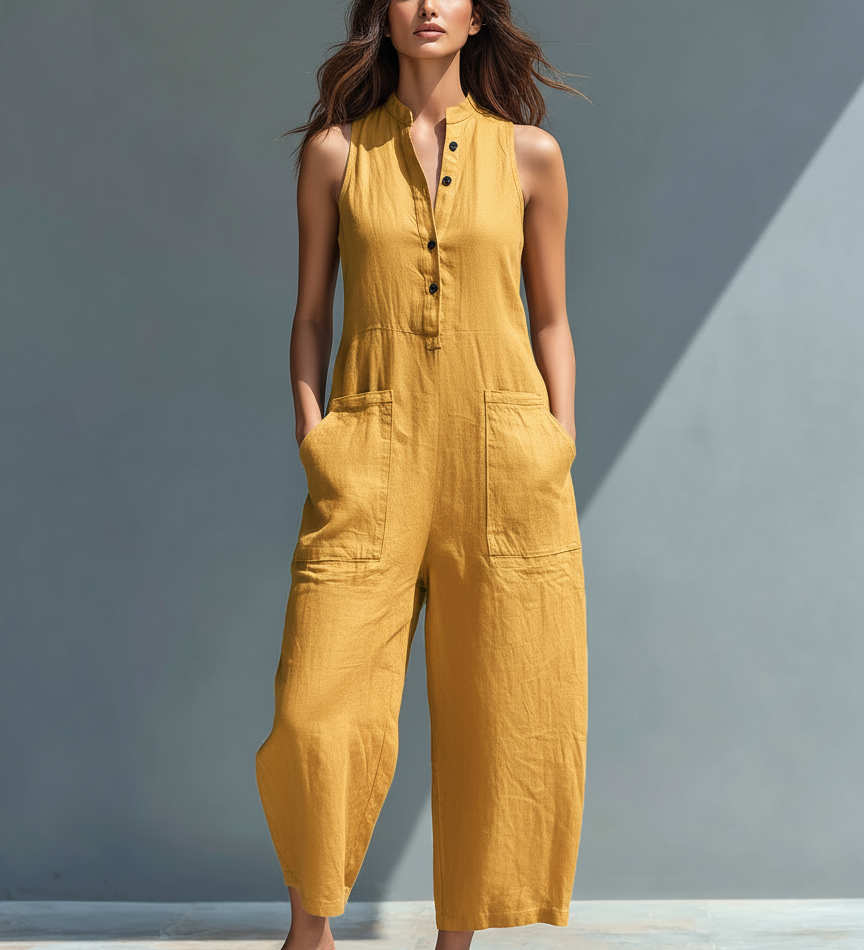 Ashla | Mono minimalista de lino para mujer, sin mangas, cuello alto y botones