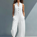 Ashla | Mono minimalista de lino para mujer, sin mangas, cuello alto y botones