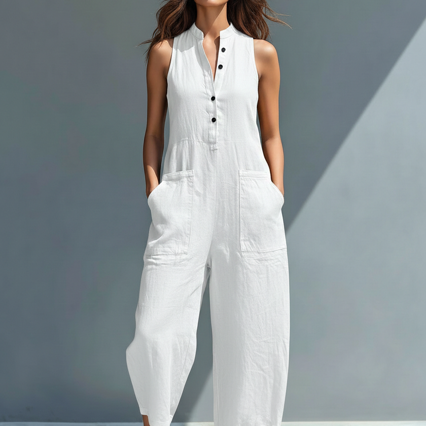 Ashla | Mono minimalista de lino para mujer, sin mangas, cuello alto y botones