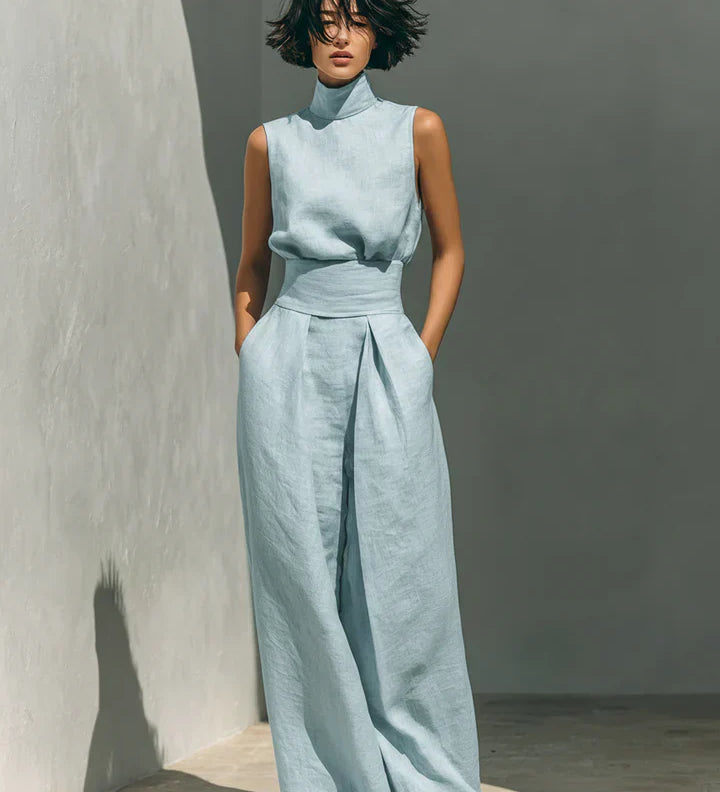 Flor | Conjunto minimalista de blusa sin mangas y pantalón de pernera ancha en algodón y lino para mujer