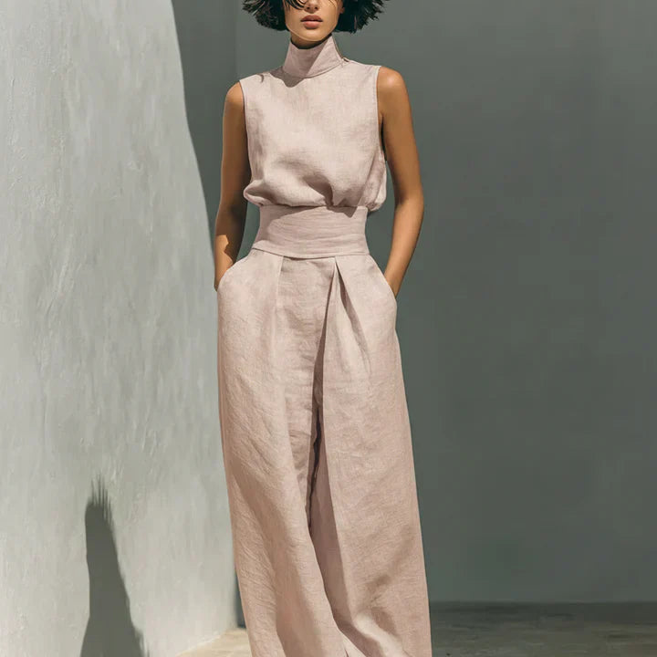 Flor | Conjunto minimalista de blusa sin mangas y pantalón de pernera ancha en algodón y lino para mujer