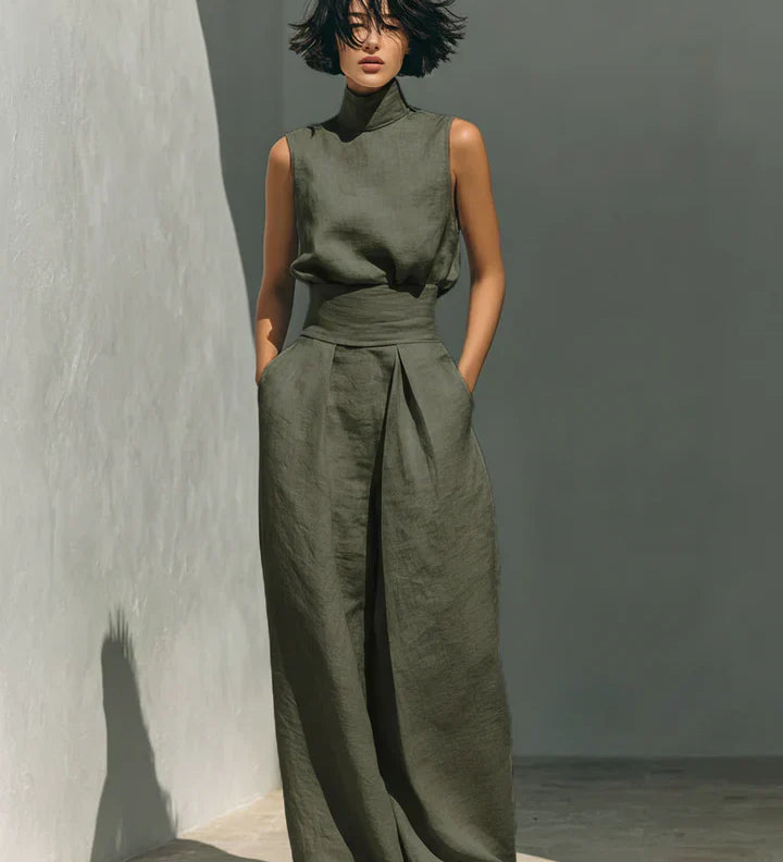 Flor | Conjunto minimalista de blusa sin mangas y pantalón de pernera ancha en algodón y lino para mujer